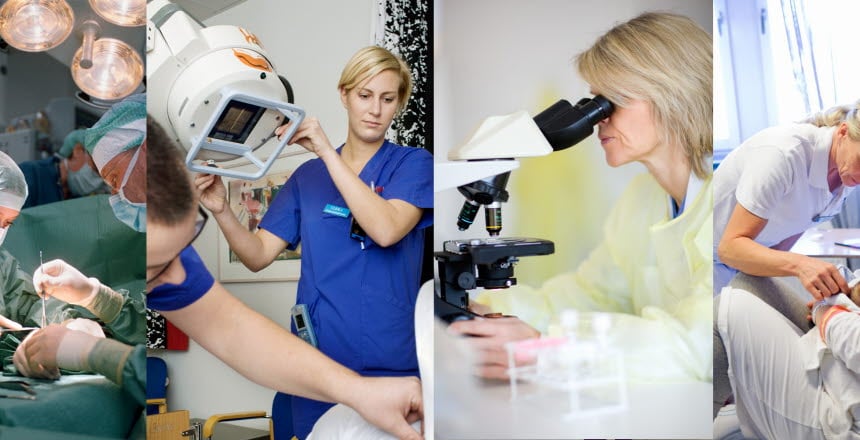 fyra yrken, sjuksköterska, biomedicinsk analytiker, röntgensjuksköterska, barnmorska